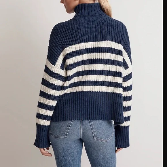 Madewell Striped Knit Navy and White Size XL Turtleneck Chunky Sweater - Picture 3 of 12
